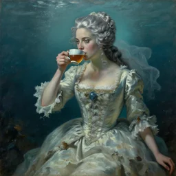 a 1 8 th century, silver haired, ( ( mad ) ) ) elf princess look like ( ( young kate winslet ) ), dressed in a ragged, wedding dress, is drinking a cup of tea. everything is underwater, floating. greenish blue, theatrical, oil canvas by jakub rozalski, artgerm