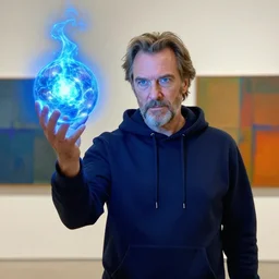 portrait powerful blue wizard Jeremy Irons wearing navy blue hoodie brandishes an electric blue orb john hoyland greg rutkowski mark rothko tombow