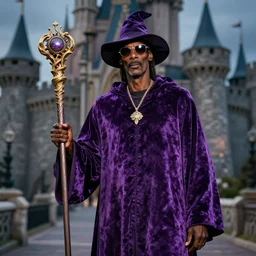 snoop dogg as a wizard, holding a magical staff and purple velvet robe with hat, standing in front of a castle, highly detailed, extremely high quality, hd, 4 k, 8 k, professional photographer, 4 0 mp, lifelike, top - rated, award winning, realistic, detailed lighting, detailed shadows, sharp, no blur, edited, corrected, trending