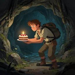 an adventurer finding a cake in a dark mysterious cave, digital art, artstation cgsociety