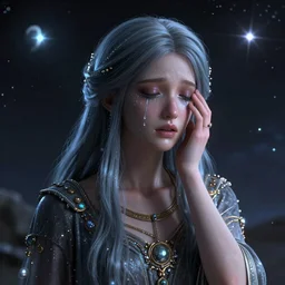Universe's celestial God, is crying in tears and is very sad and sorrow , after creating humans, ,octane render, retro,