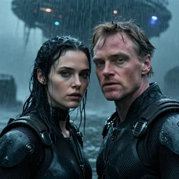 cinestill 5 0 d candid photographic portrait by christopher nolan of two loving female androids wearing rugged black mesh techwear in treacherous waters, extreme closeup, modern cyberpunk moody emotional cinematic, pouring rain menacing alien ship lights, 8 k, hd, high resolution, 3 5 mm, f / 3 2, ultra realistic faces, ex machina