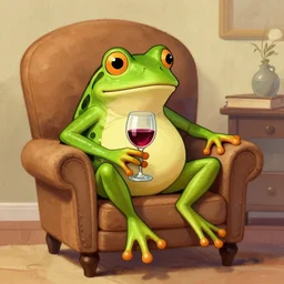 Digital art of a distinguished frog having a glass of wine sitting in his favorite, armchair, book illustrations, Greg rutkowski, Trending artstation