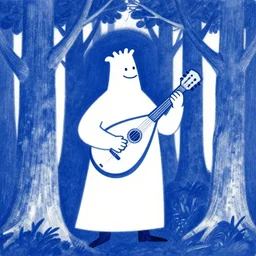 blue + white baron in the trees with lute, artwork by gary larson