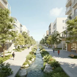 an optimistic futuristic pedestrian street with landscaped streams, idyllic crossing bridges, by anton blanchard and john berkey