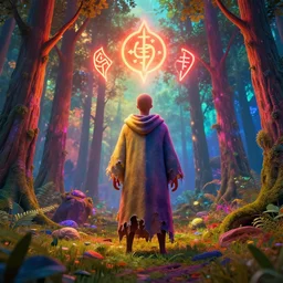 colorful forest landscape 8 k art by mike winkelmann, power auras, sigils, tattered cloth robes, substance 3 d painter, pbr textures, physical based rendering, cinematic, hyper realism, high detail, octane render, unreal engine, 8 k, vibrant colors, smooth gradients, high contrast, depth of field, aperture