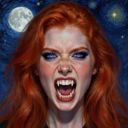 portrait young beautiful snarling woman, hypnotic eyes, red hair, freckles, large teeth ( ( fangs ) ), ( ( ( ( werewolf ) ) ) ) background starry night sky moon digital painting, lots of details, extremely detailed, 4 k, intricate, brush strokes, mark arian, artgerm, bastien lecouffe - deharme