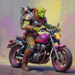 a full body shot of a scifi post apocalyptic orc biker, scifi fantasy character design, psychedelic vibrant colors, futuristic punk rock fashion, oil painting by michael whelan art, sharp focus, realistic, highly detailed, 8 k
