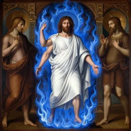 hank hill wearing a white toga, emerging from blue fire, surrounded by blue flames, renaissance religious painting, late gothic religious paintings, byzantine religious art, painting by duccio di buoninsegna and carlo crivelli, trending on artstation