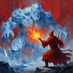 Highly detailed oil painting, concept art, of a wizard casting a fireball spell, fighting against a huge ice giant, red and blue color scheme, concept art, highly detailed.