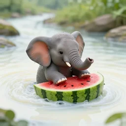 a small elephant bathes sits in a watermelon and swims along the river of milk