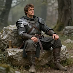 a relaxed gorgeous male medieval warrior, short brown hair, stringy, full body, 8 k, hyperrealistic, hyperdetailed, fantasy portrait by laura sava