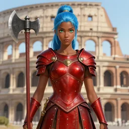 frontview portrait of gladiator warrior lady, young, beautiful, skinny, dark skin, light blue hair, ponytail, big open green eyes, cute, red heavy armor, axes, posing, coliseum background, love interest, highly detailed, smooth, sharp focus, digital painting, artgerm and greg rutkowski and alphonse mucha