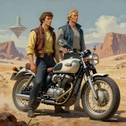 moebius and ralph mcquarrie style, vintage classic motorcycle, retro futuristic sci - fi paintong, blade runner 2 0 4 9
