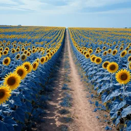 A narrow dirt path through a field of blue sunflowers, game art matte painting hyperdetailed, artstation, cgsociety, 8k, surreal dream landscape