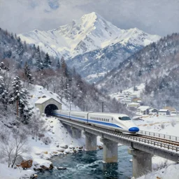 shinkansen on a bridge over a river, about to enter a tunnel in a mountainous landscape of snow capped peaks and it is currently snowing, realistic oil painting, impressionism