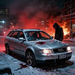 Audi A4 B6 Avant (2002), a gritty neo-noir, dramatic lighting, cinematic, eerie person, death, homicide, homicide in the snow, viscera splattered all over the car, gunshots, establishing shot, extremely high detail, photorealistic, red mist, arson, burning city, cinematic lighting, artstation, by simon stalenhag, Max Payne (PC) (2001) winter New York at night, In the style of Max Payne 1 graphic novel, flashing lights, Poets of the Fall - Late Goodbye