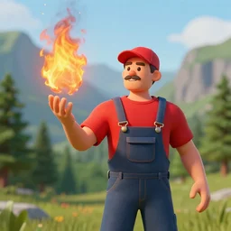 a man wearing a red shirt, red cap, throwing fire by the hand, overalls, outside mountain trees, moustache, photo, 3 d render, vfx
