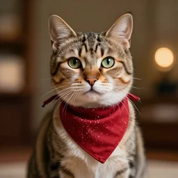 a cinematic cat wearing a bandana, front view, ultra realistic, canon, 3 5 mm, bokeh, coherent