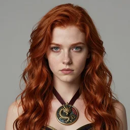 a portrait of a young elven girl with long red wavy hair, grey serious eyes, dragon medallion on her neck, artstation, ilya kuvshinov and geoffrooy thoorens and ayami kojima