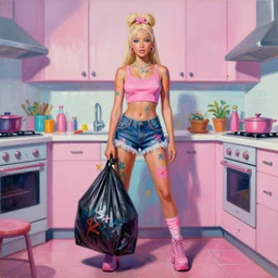 still from music video of barbie palvin from die antwoord standing in a kitchen, wearing a trashbag garbage bag and flowers, street fashion, full figure portrait painting by martine johanna, ilya kuvshinov, rossdraws, pastel color palette, spraypainted bodypaint graffiti