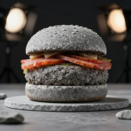 Stone Hamburger. Hambuger is made completely from stone. Rock Hamburger. Product Photography, Studio Lighting. Canon 85mm f1.8.