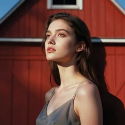 art by artgerm and greg rutkowski and ruan jia. a lonely elegant and grace young woman in the shadow of a red barn!. cinematic, sharp edges, stage light. establishing shot, sense of awe. delicate features. alluring. poster style, ultra realistic. ultra clear detailed
