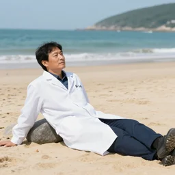a scientist in a lab coat relaxing on the beach