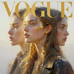 3 d, close - up, fashion model, winter, liquid gold, morning, sun rays, vogue cover style, poster art, hyper detail, intricate oil painting, multiple exposure, hell mood, 3 d, by tooth wu and wlop and beeple and greg rutkowski