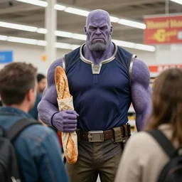 thanos grumpily waiting in line at walmart, holding a baguette, he is very tall, other people waiting in front of him, cinematic, hyper realism, high detail, octane render, 4k