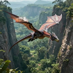a feather dragon flying over high cliffs and jungles, fantasy, high detail, 8k, realistic