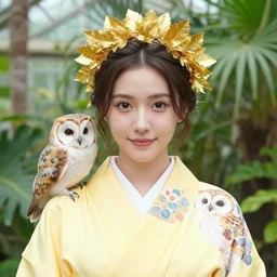 portrait photograph of an extremely beautiful!!!! young female, symmetric face!, symmetric round detailed eyes!!, slight smile, natural light, wearing a yellow!!!!!! kimono!! with a very detailed barn owl! on her shoulder in a tropical greenhouse. shallow focus!!!!. looking at the camera!!. golden crown!! made of golden leaves. super resolution. extremely detailed face.