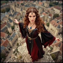 lomography, full body portrait photo of women like reol from a distance as a warlock wearing gems and pleated robe robe looking down at a medieval city from above, realistic, dynamic perspective pose, skin tinted a warm tone, hdr, rounded eyes, detailed facial features, red blue black gold