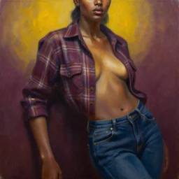 detailed portrait in femininity, ethnic, realistic face sculpted features, statuesque model leaning, modern fashion, plaid shirt and jeans, warm glow, supple, bathed in light, chiaroscuro, specular highlights, angular impressionism, radiosity, plum and yellow color scheme, deep rich tones, contemporary art, oil on canvas