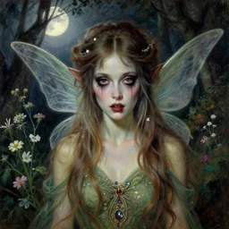 a beautiful but sinister and creepy faery in layers of fear, with haunted eyes, violence in his eyes, 1 9 7 0 s, seventies, delicate embellishments, a little blood, woodland, moonlight shining on wildflowers, painterly, offset printing technique, by alexandre cabanel