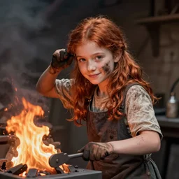 portrait of a young girl working in a blacksmith's forge, clear eyes, slight smile, red hair, soot on her cheek, one hand pushing back the hair from her face, fantasy art, fire, digital art, unreal engine, in the style of greg simkins and francisco de goya,