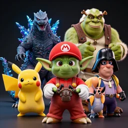 star wars godzilla yoda donkey kong pikachu yeti shrek super mario homer groot waluigi darth vader mike wazowski, highly detailed, extremely high quality, hd, 4 k, 8 k, professional photographer, 4 0 mp, lifelike, top - rated, award winning, cinematic, realistic, detailed lighting, detailed shadows, sharp, no blur, edited, corrected, trending