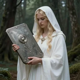 the goddess of memory holding large metal tablets in a forest, white hood, white robes, blonde, fantasy, magical, realistic and detailed, spiritual, supernatural, intricate, elegant, highly detailed, digital painting, trending on artstation, by wlop, 4 k octane render