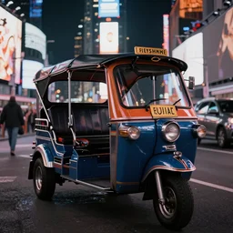 a tuk tuk in Times Square at night, luxurious, elegant, highly detailed, award winning photography, moody, dramatic lighting, cinematic, 4k