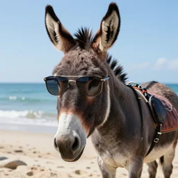 A donkey wearing cool sunglasses at the beach, amazing detail, digital art, in the style of Irina French