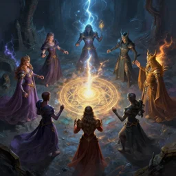 mages in circle summoning from the evil realm. lighting, flux. fantasy, digital painting, hd, highly detailed.