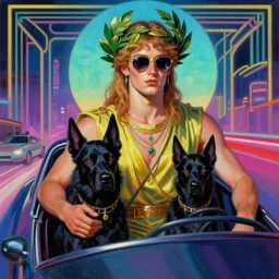 synthwave, outrun, art deco photorealistic painting by artgerm and william - adolphe bouguereau of glamor greek god hades with his black dog, wearing sunglasses, wearing a laurel wreath, 1 9 8 0 s nostalgia, featured on artstation