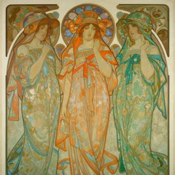 the first goddesses beautiful wearing thin robes and a ceremonial veils creating a new world, high detail, painterly, on canvas, expressive, cornflower orange green, alphonse mucha and craig mullins, tonal colors, 4 k, detailed and intricate, elegant, ornate, artstation, cinematic, film grain, movie poster, relief carving
