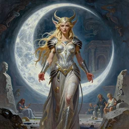 A mixed media painting of the beautiful blonde goddess of the moon, very aesthetic, curvy, detailed symmetrical face and eyes, elven armor, by Frank Frazetta, Greg Rutkowski, Boris Vallejo, Beeple, Yoko Taro, Christian MacNevin, epic fantasy character art, goddess of anger, viking runes, high fantasy, CGsociety, full length, exquisite detail, post-processing, masterpiece, cinematic, odin's stone arena background