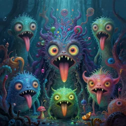 intricate colourful murky with strange cute friendly angry crazy creatures with huge beauty eyes long tongue triangle teeth and scary face appearing from the water digital painting bioluminance alena aenami artworks in 4 k rtx hdr design by lois van baarle by sung choi by john kirby and artgerm style pascal blanche and magali villeneuve