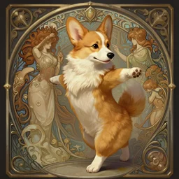 photography of a short female anthropomorphic corgi fursona dancer, deep focus, d & d, fantasy, intricate, elegant, highly detailed, digital painting, artstation, concept art, matte, sharp focus, illustration, hearthstone, art by artgerm and greg rutkowski and alphonse mucha