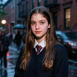 night flash portrait photography of a high school girl in catholic uniform on the lower east side by annie leibovitz, colorful, nighttime!, raining!