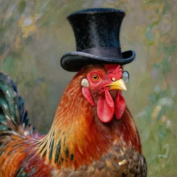 portrait of a rooster, with top hat!!! and monocle!!!, by monet