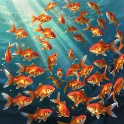 portrait of goldfishes swarming the ocean. shadow and light. rays of light. energetic, dynamic, lively, detailed, intricate, complex. fine art by hayao miyazaki, akira toriyama, makoto shinkai, and ohara koson.
