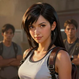 Seductive, riveting Tifa Lockhart portrait, atmospheric lighting, painted, intricate, golden hour, ultra detailed by Leesha Hannigan, Ross Tran, Thierry Doizon, Kai Carpenter, Ignacio Fernández Ríos